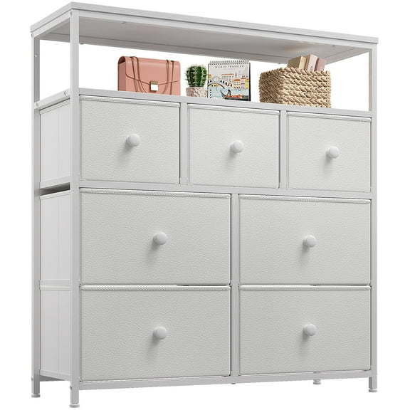 EnHomee White Dresser for Bedroom with 7 Drawers & 2 Shelves TV Stand Dresser with Wooden Top and Metal Frame Tall Dressers & Chest of Drawers for Closets Bedroom