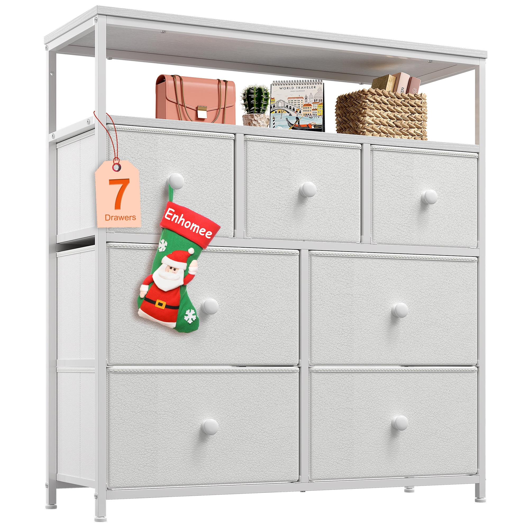 EnHomee White Dresser for Bedroom with 7 Drawers & 2 Shelves TV Stand