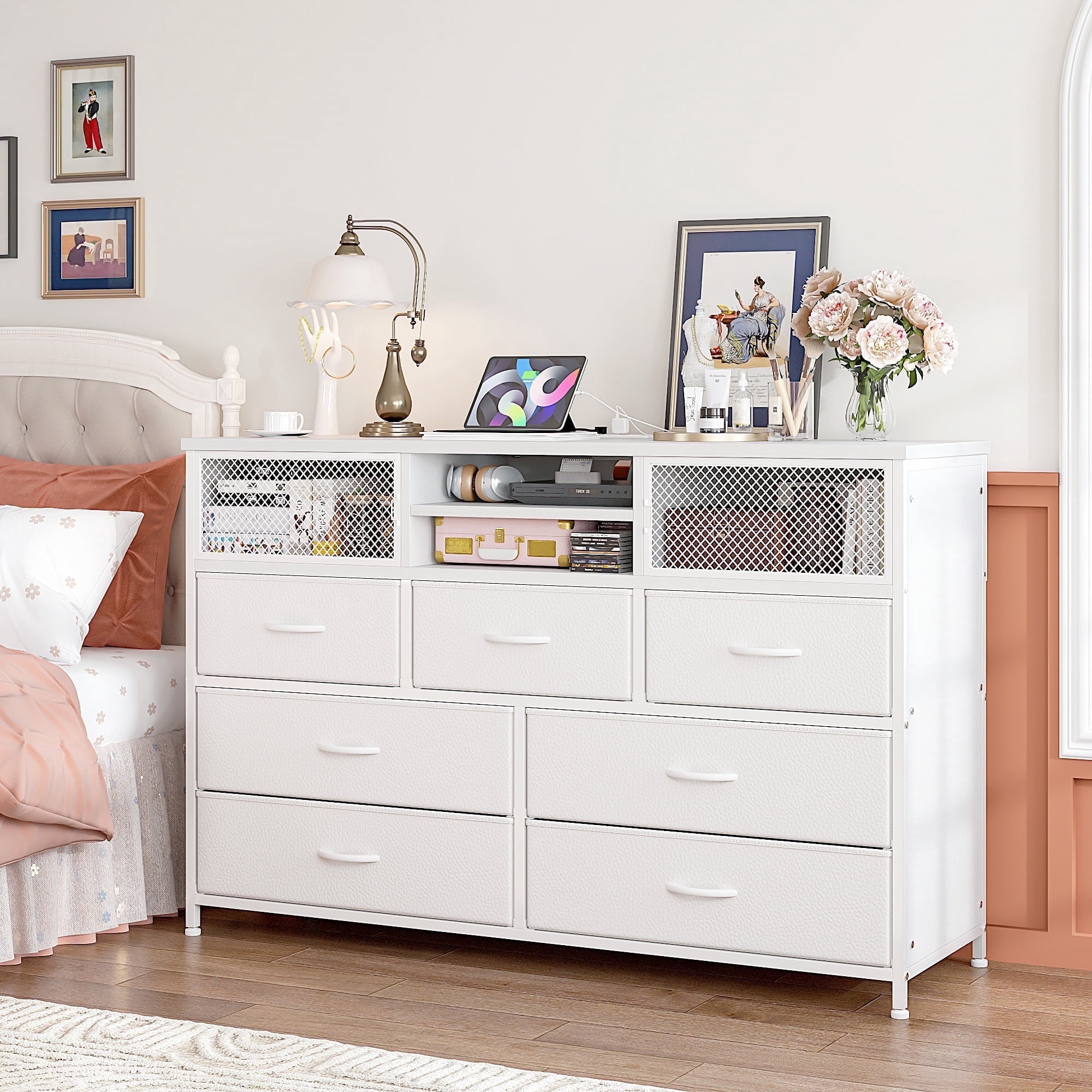 white dresser tv stand OKD Farmhouse 7 Drawers for Bedroom, 7 Storage Dressers Drawers 2 USB Ports is a very unique idea Patikuin 63" W White Dresser