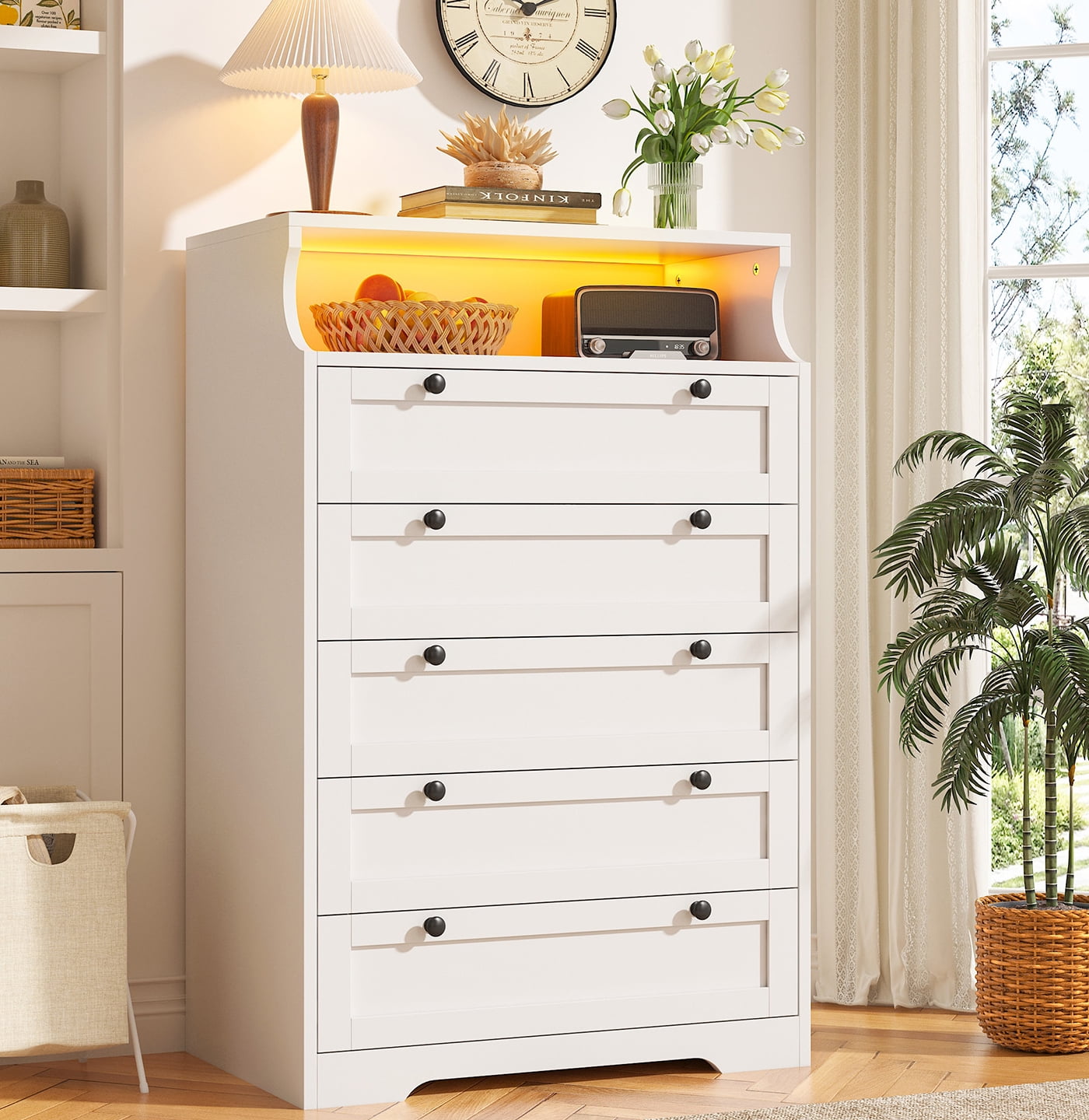 IKENO White 7 Drawer Tall Dresser, Tall Solid Wood Large Storage Cabinet,  Modern Simple White Tall Chest of Drawer for Bedroom Living Room Hallway