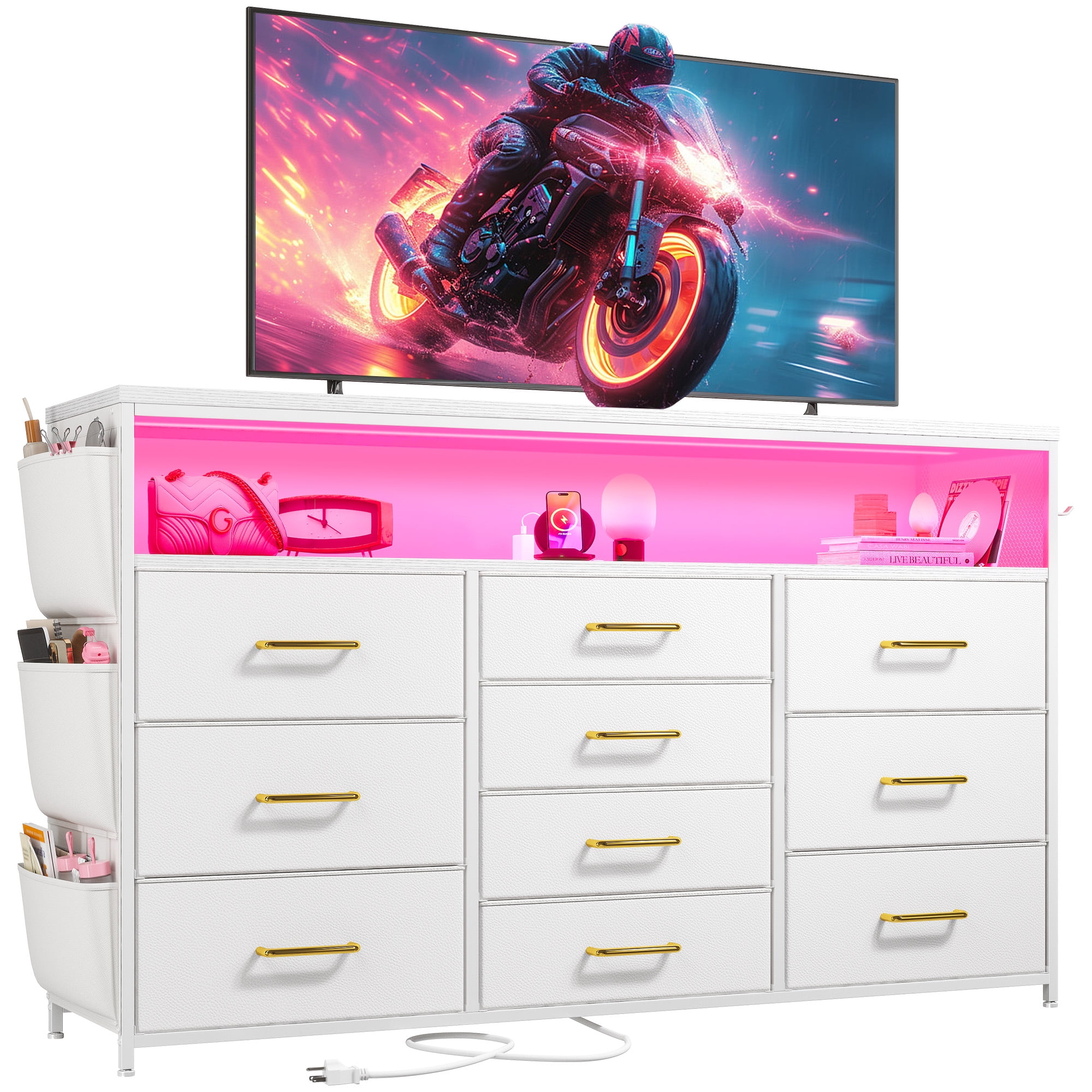 EnHomee White Dresser TV Stand with LED Lights, Power Outlets, 10Drawer, Side Pockets & Hook