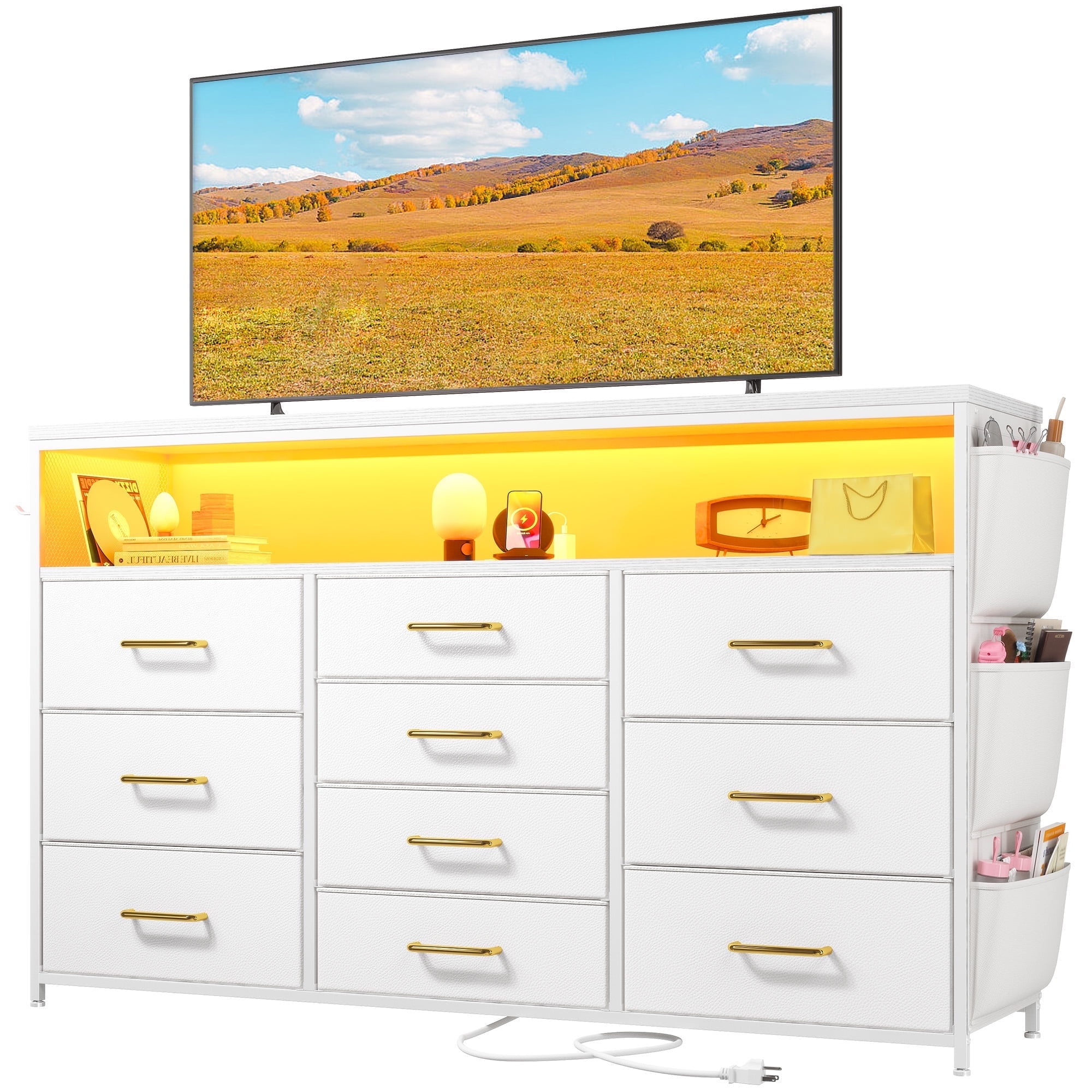 EnHomee White Dresser TV Stand, 10 Drawers, LED Lighting, USB