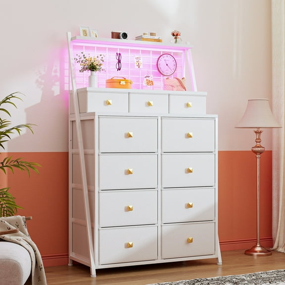 EnHomee White Dresser Tall Dressers for Bedroom with LED Lights 11 Drawers Fabric Chests of Drawers