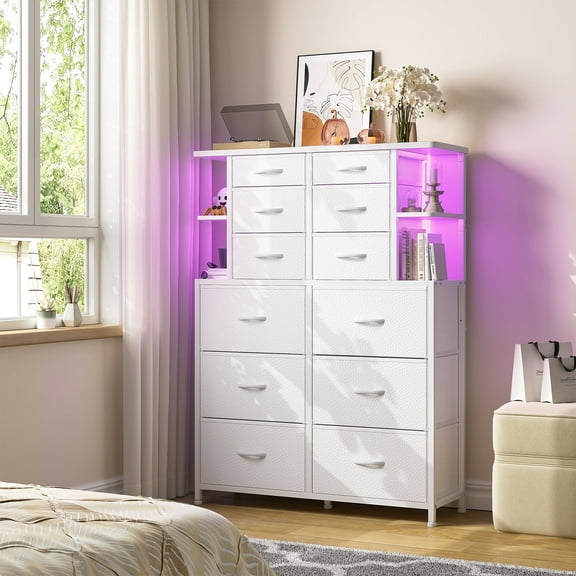 EnHomee White Dresser for Bedroom Tall Dressers & Chests of Drawers Fabric Dresser with 12 Drawers & LED Lights & Open Shelves