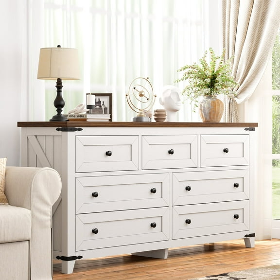 EnHomee White Dresser for Bedroom Vintage Wood Dresser with 7 Deep Drawers & Easy Pull Out Handles Chest of Drawers for Bedroom Storage Cabinet