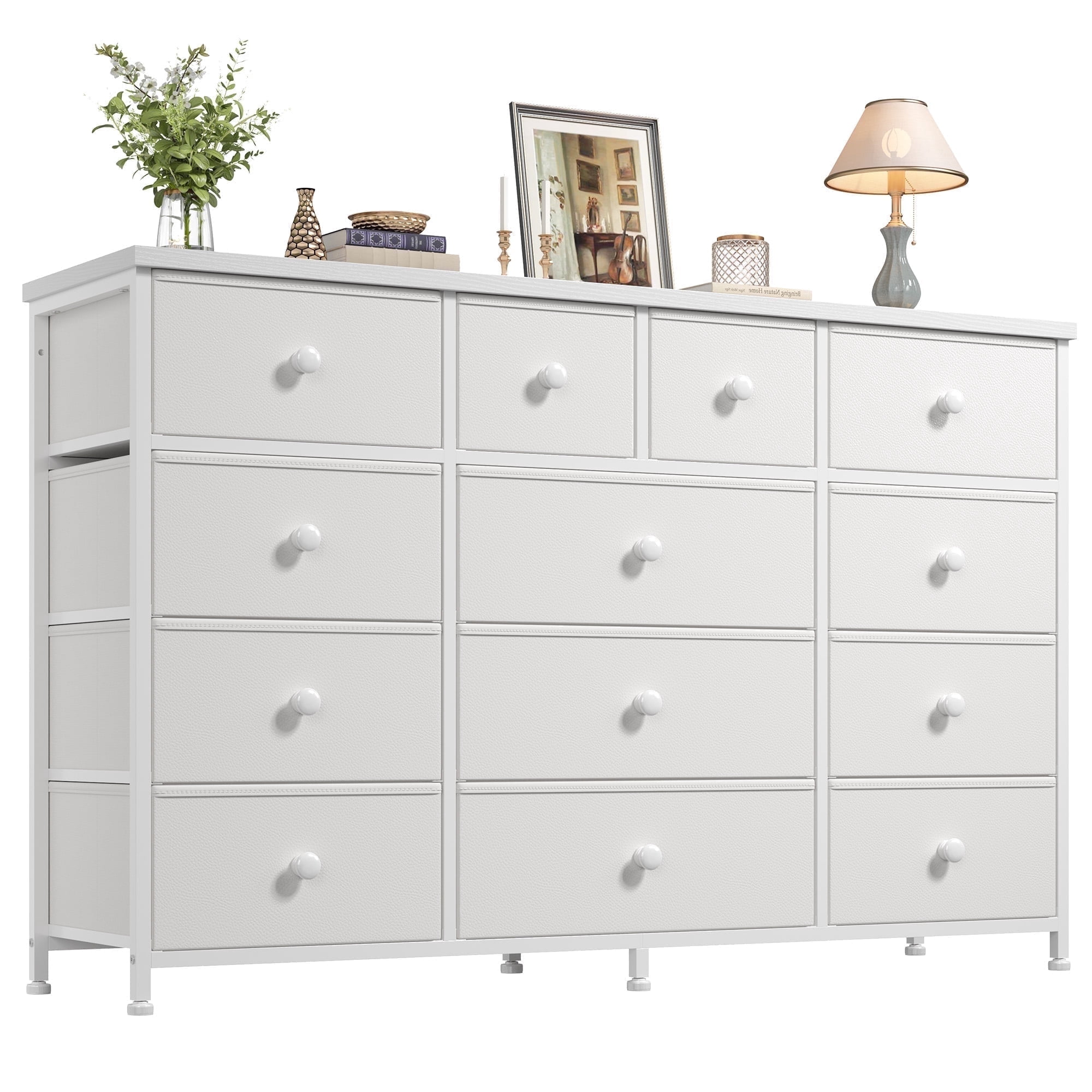 White Dresser for Bedroom TV Stand with 13 Drawers for for 55" TV, Fabric Wide Dresser for Living Room