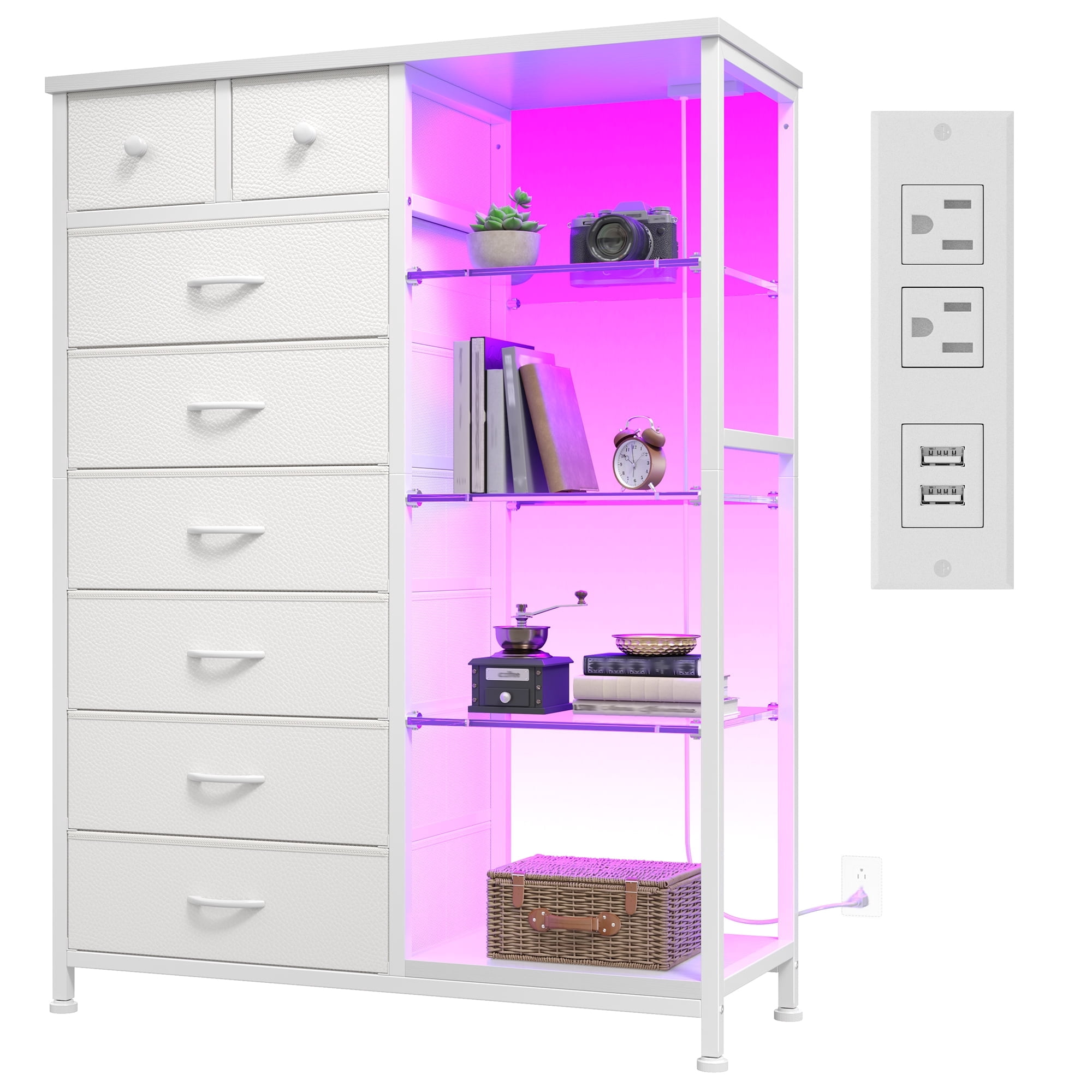 EnHomee White Dresser for Bedroom with Acrylic Open Shelves & Charging Station Tall Dresser with 8 Fabric Drawers & LED Lights