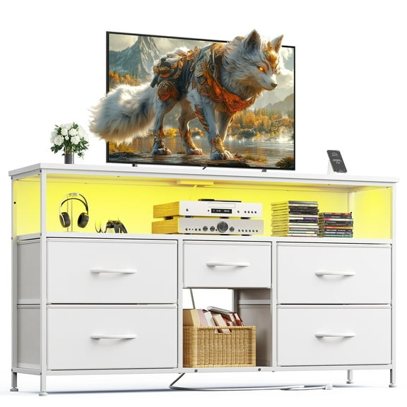 EnHomee White Dresser with 5 Drawers TV Stand for 50" Dressers for Bedroom with LED Lights & Power Outlets