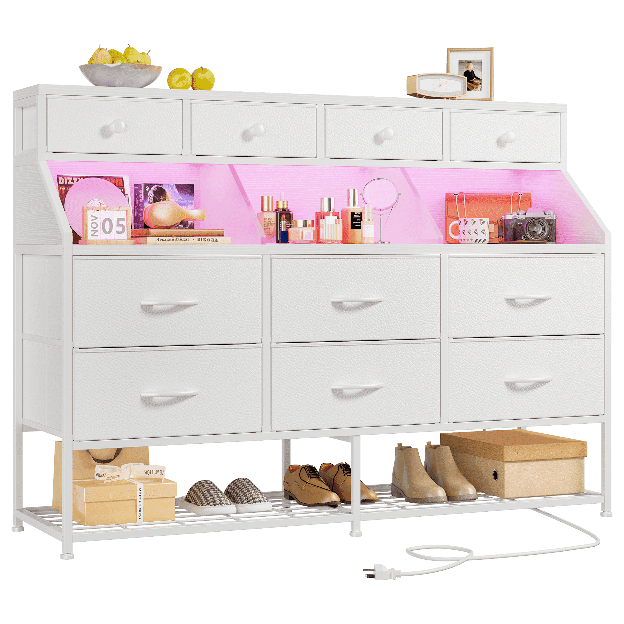 EnHomee White Dresser with Shoe Rack 10 Fabric Drawers Dressers for Bedroom Dressers & Chests of Drawers with Power Outlets and LED Lights