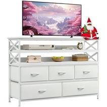 EnHomee White Dressers 5 Drawer Dresser for Bedroom 32 to 55 inch TV Stand with Storage Drawers & Wood Shelves Media TV Furniture Wide Dresser for Living Room Closet Entrance Office