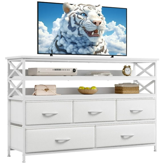 EnHomee White Dressers 5 Drawer Dresser for Bedroom 32 to 55 inch TV Stand with Storage Drawers & Wood Shelves Media TV Furniture Wide Dresser for Living Room Closet Entrance Office