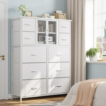 EnHomee White Dressers for Bedroom Tall Dresser with Cabinet and 10 Drawers Fabric Dresser&Chest of Drawers