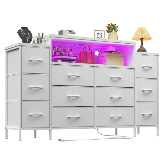 EnHomee White Dressers for Bedroom with 12 Drawer Fabric Dressers with LED lights & Power Outlet,55"W x 11.8"D x 33.5"H