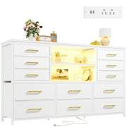 EnHomee White Dressers for Bedroom with LED Lights TV Stand with Power Outlet for 55'' TV with 12 Fabric Drawers