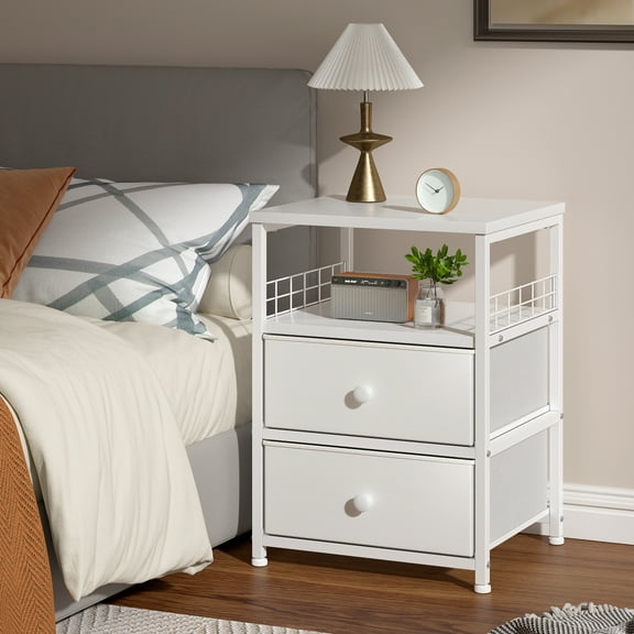 EnHomee White Nightstand, Bedside Table Drawers and Open Wood Shelf Storage, Modern Bed Side Table, Night Stand for Bedroom, Living Room, Dorm, Easy Assembly and Pull, White
