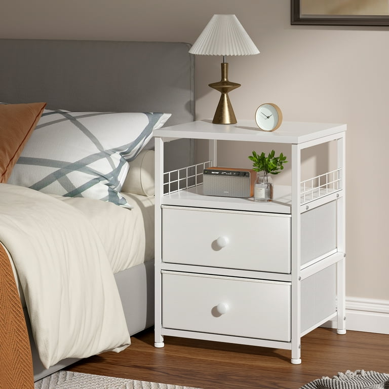 EnHomee White Nightstand Bedside Table Drawers and Open Wood Shelf Storage Modern Bed Side Table Night Stand for Bedroom Living Room Dorm Easy
