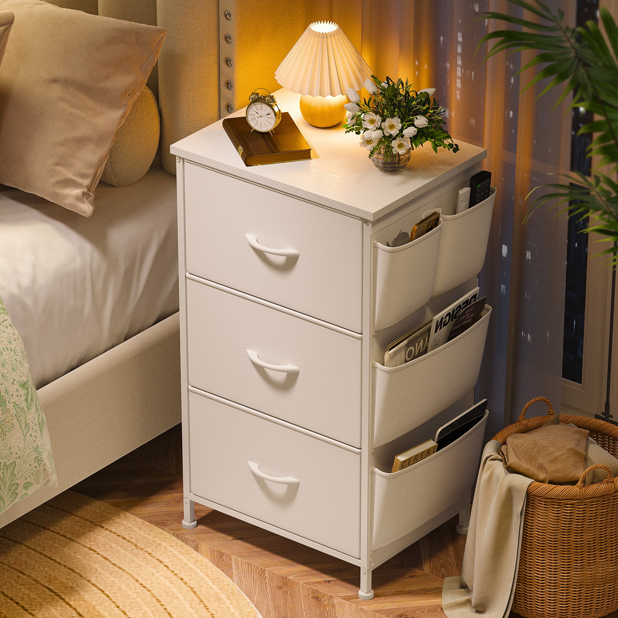 EnHomee White Nightstand Modern Nightstand with Drawers & Side Pockets ...