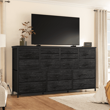EnHomee Wide Dresser with 16 Drawers TV Stand with Power Outlet Black Dresser for Bedroom Fabric Dresser TV Stands for Living Room/Bedroom,51.1"W*11.8"D*34.8"H