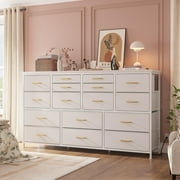 EnHomee Wide Dresser with 16 Drawers TV Stand with Power Outlet White Dresser for Bedroom Fabric Dresser TV Stands for living Room/Bedroom,51.1"W*11.8"D*34.8"H