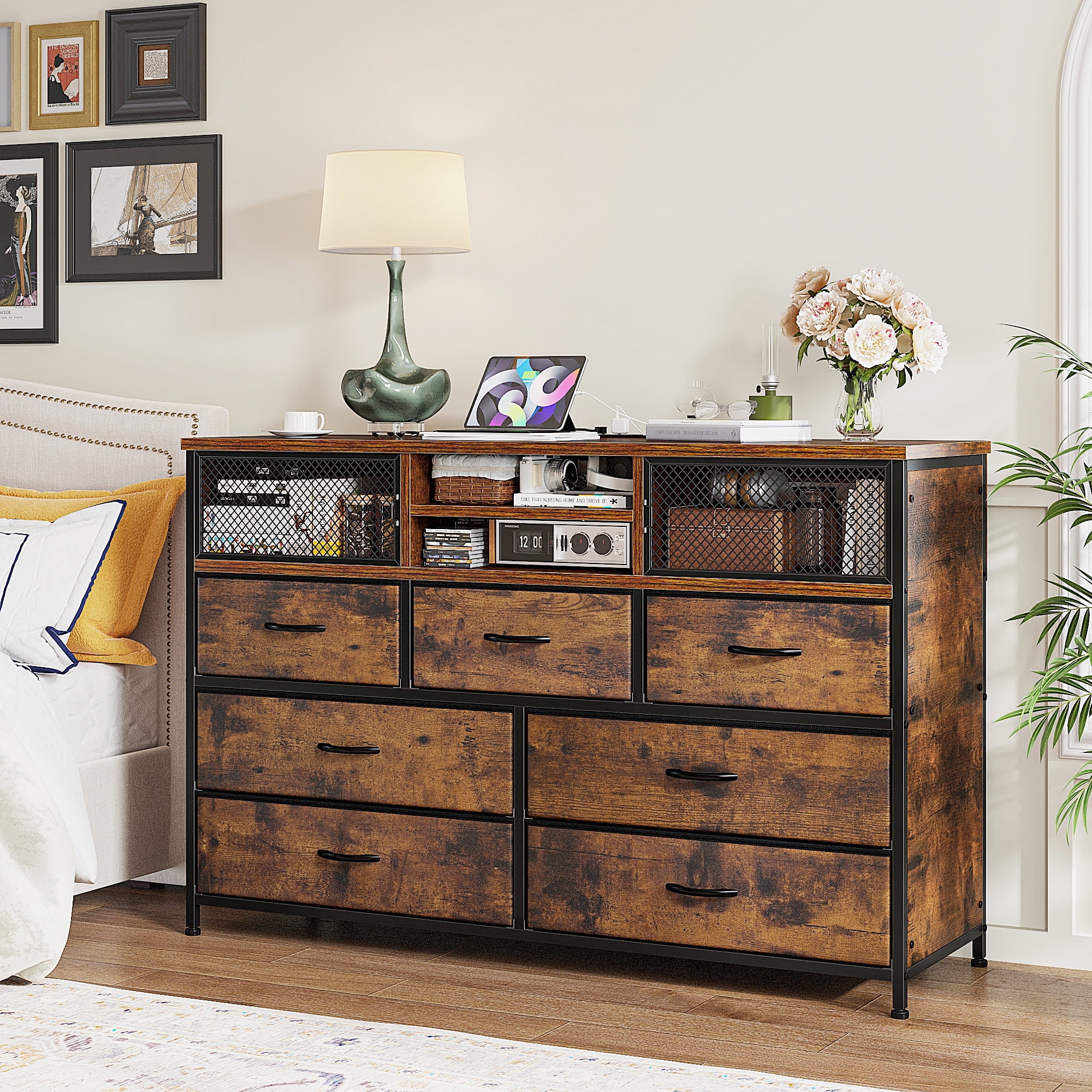 EnHomee 50"" TV Stand & Wide Dresser, Rustic Brown with 7 Drawers & Outlet"  - Walmart.com