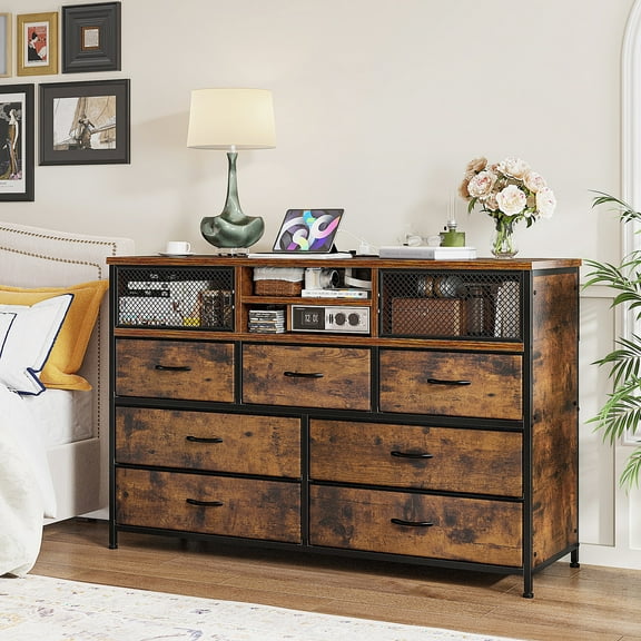 EnHomee Wide Dresser TV Stand for 50" TV Dresser for Bedroom with Power Outlet 7 Fabric Drawer Dresser with Metal Mesh Door & Wood Top Chest of Drawers for Living Room Closet Entryway, Rustic Brown