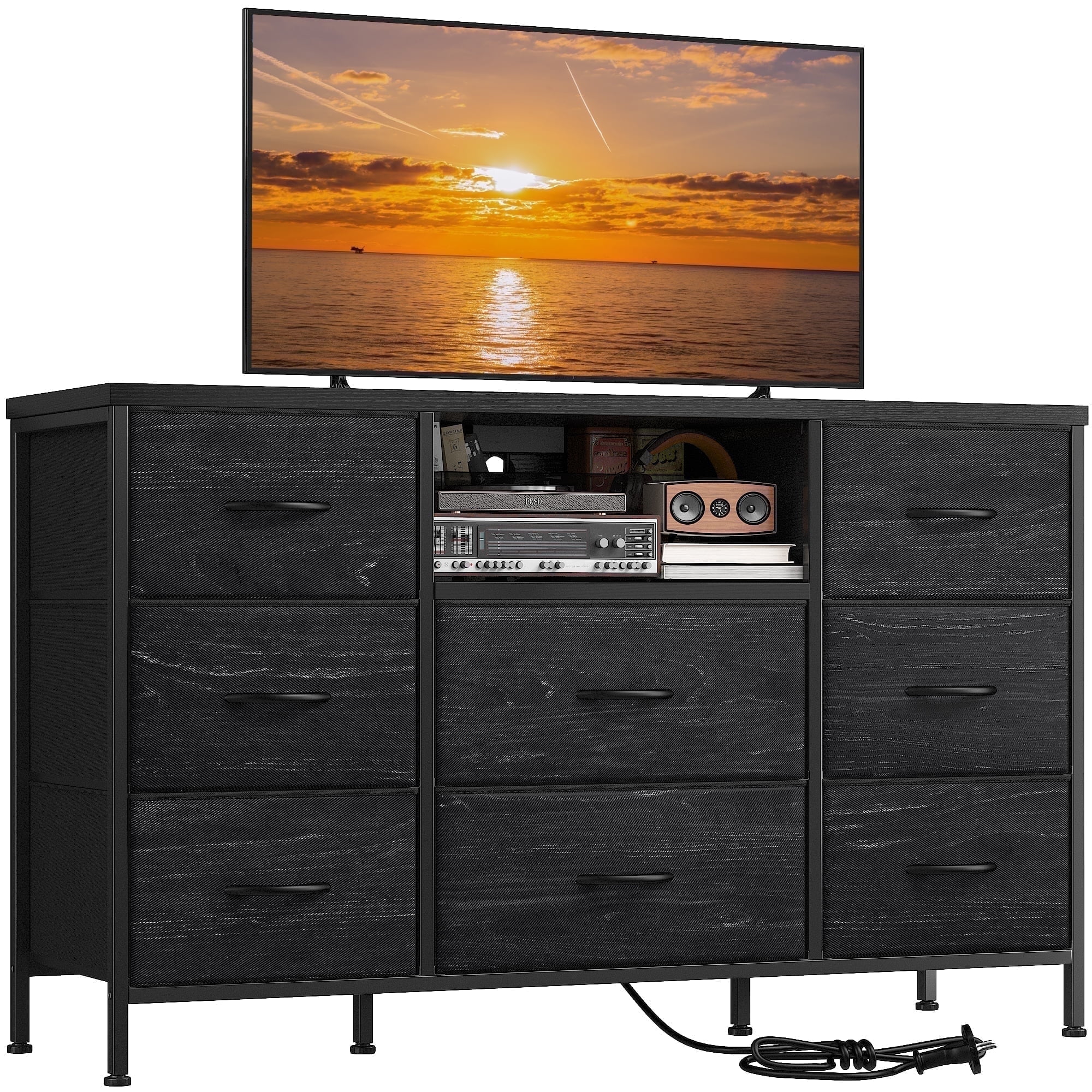 EnHomee Wide Dresser TV Stand with 8 Drawer & Outlet,Dresser for Bedroom Wide Black Dresser & Chests of Drawers Fabric Dressers TV Console Storage Unit for Living Room/Bedroom Furniture, Black