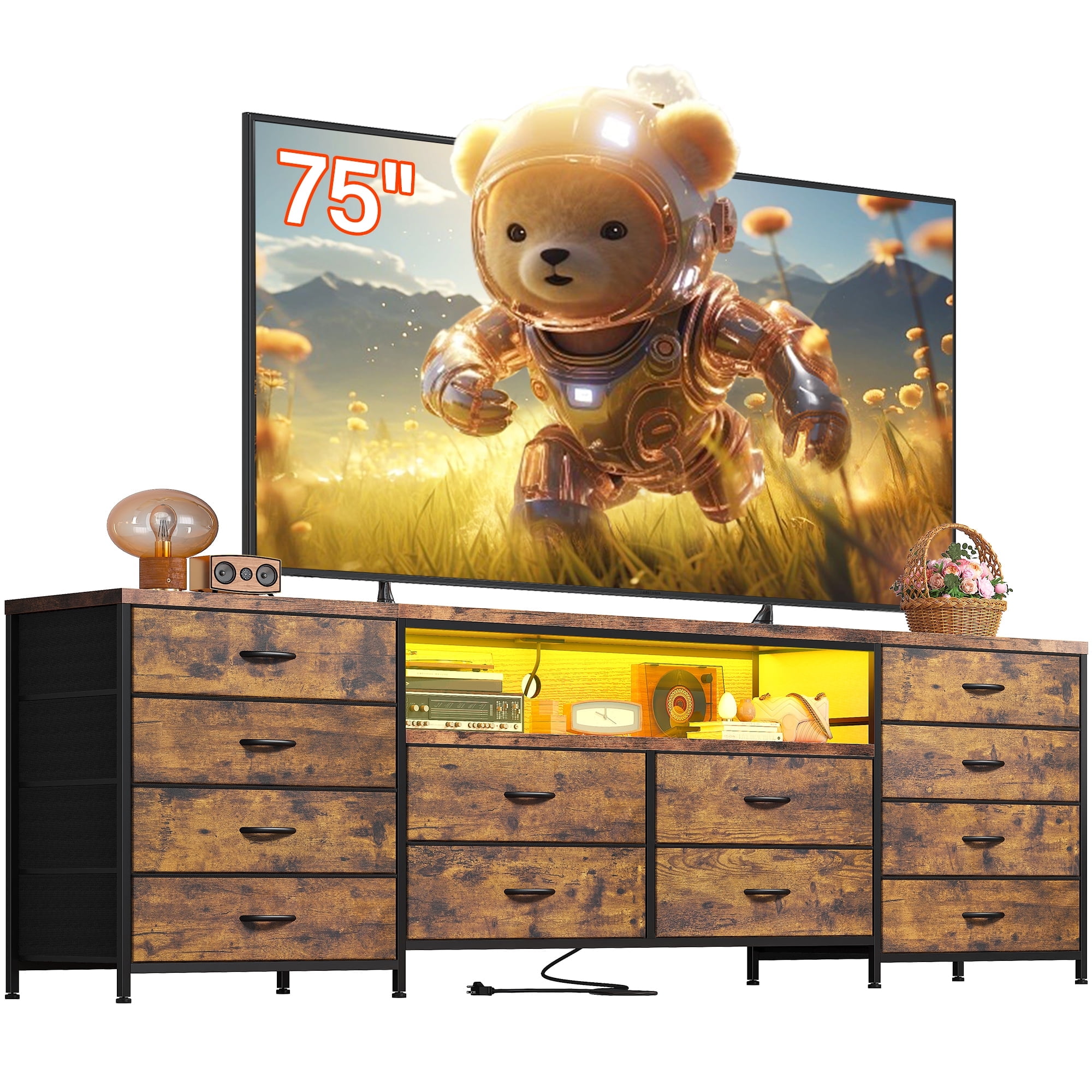 EnHomee Wide Dresser TV Stand for 65 70 75 Inch Dresser for Bedroom with LED Lights & Power Outlets & 12 Fabric Drawers,Rustic Brown