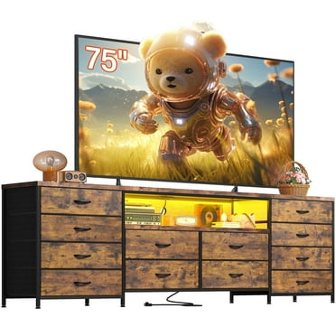 EnHomee Wide Dresser TV Stand for 65 70 75 Inch Dresser for Bedroom with LED Lights & Power Outlets & 12 Fabric Drawers,Rustic Brown