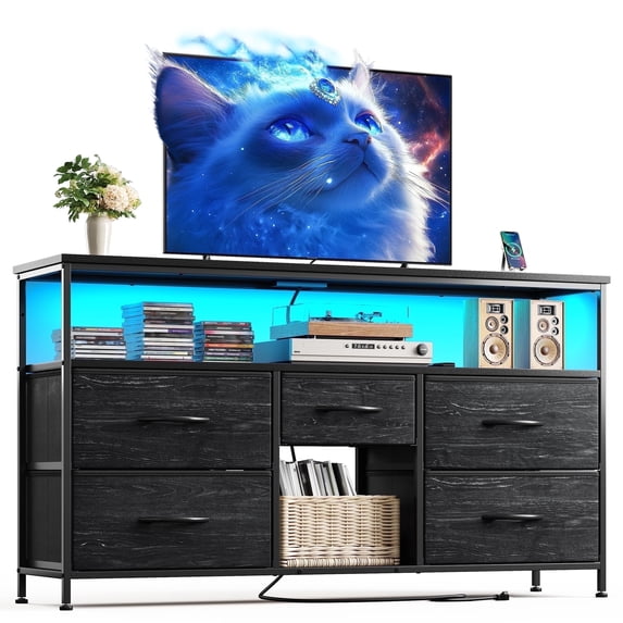 EnHomee Wide Dresser with 5 Drawers TV Stand for 50"Inch TV, Dressers for Bedroom with LED Lights & Power Outlets,Black