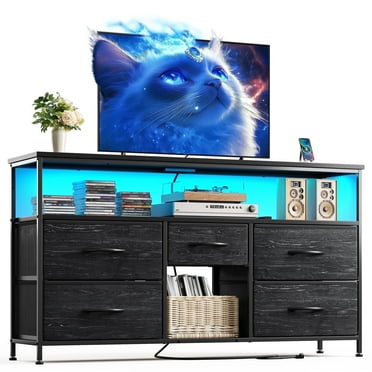 EnHomee Wide Dresser with 5 Drawers TV Stand for 50" Dressers for Bedroom with LED Lights & Power Outlets,Black