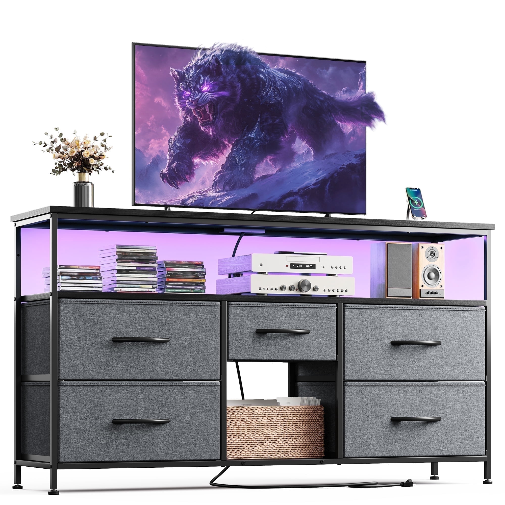 EnHomee Wide Dresser with 5 Drawers TV Stand for 50"Inch TV,Dressers for Bedroom with LED Lights & Power Outlets,Gray