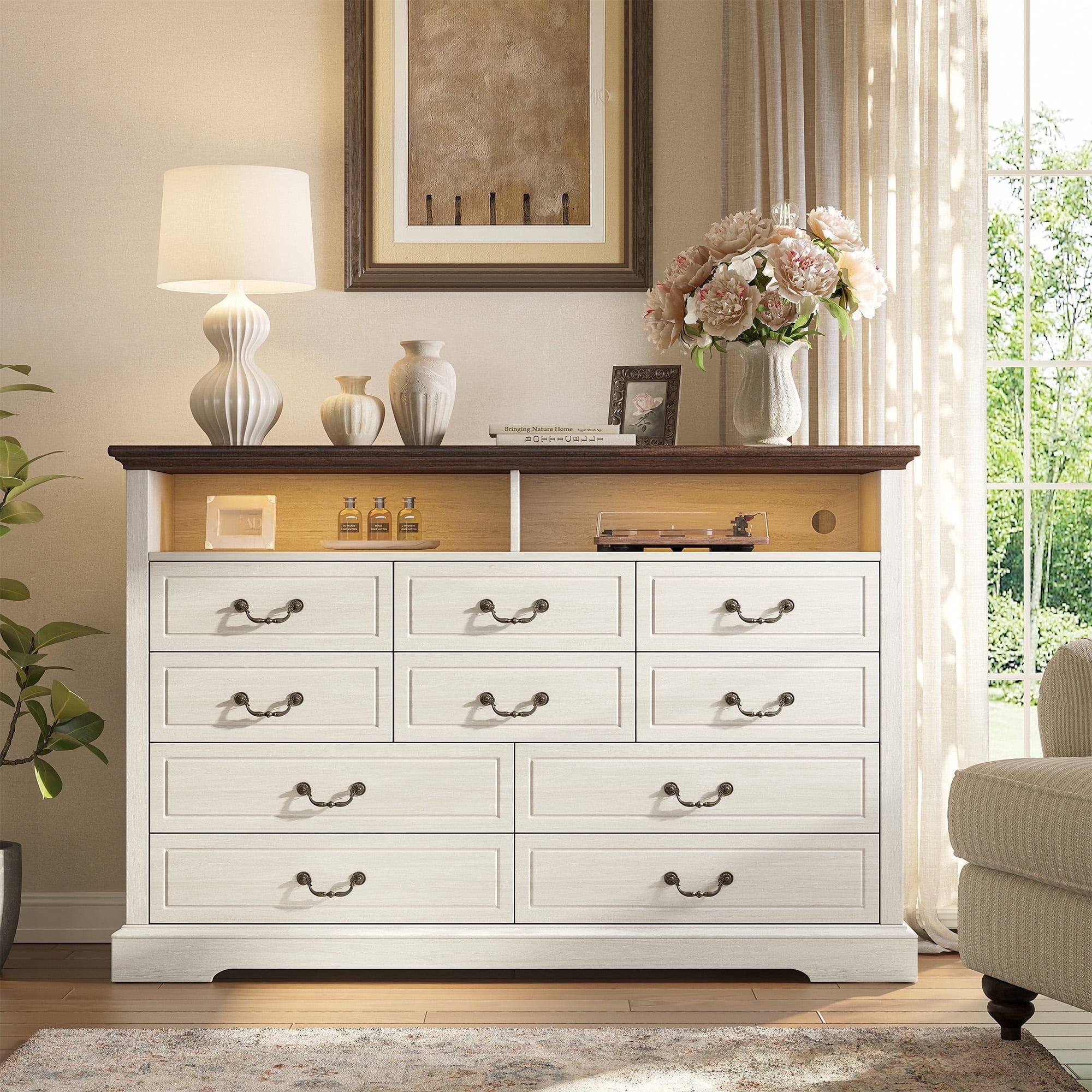 EnHomee Wood 10 Drawers Dresser with LED Lights&Charging Station Wood Dressers for Bedroom,White