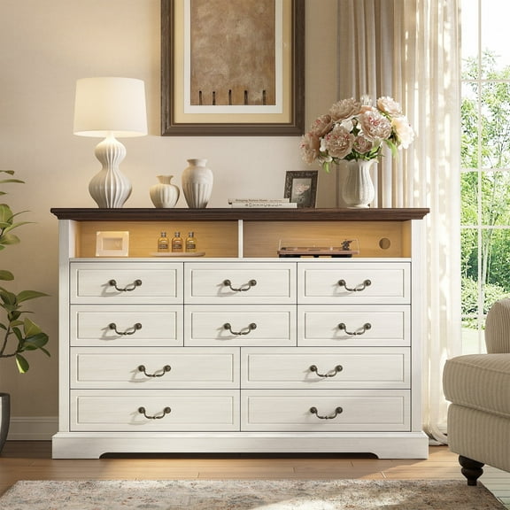 EnHomee Wood 10 Drawers Dresser with LED Lights&Charging Station Wood Dressers for Bedroom,White