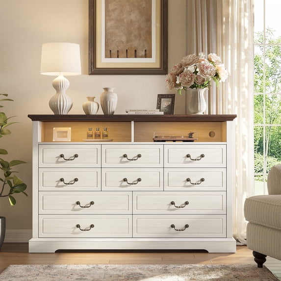 EnHomee Wood 10 Drawers Dresser with LED Lights&Charging Station Wood Dressers for Bedroom,White