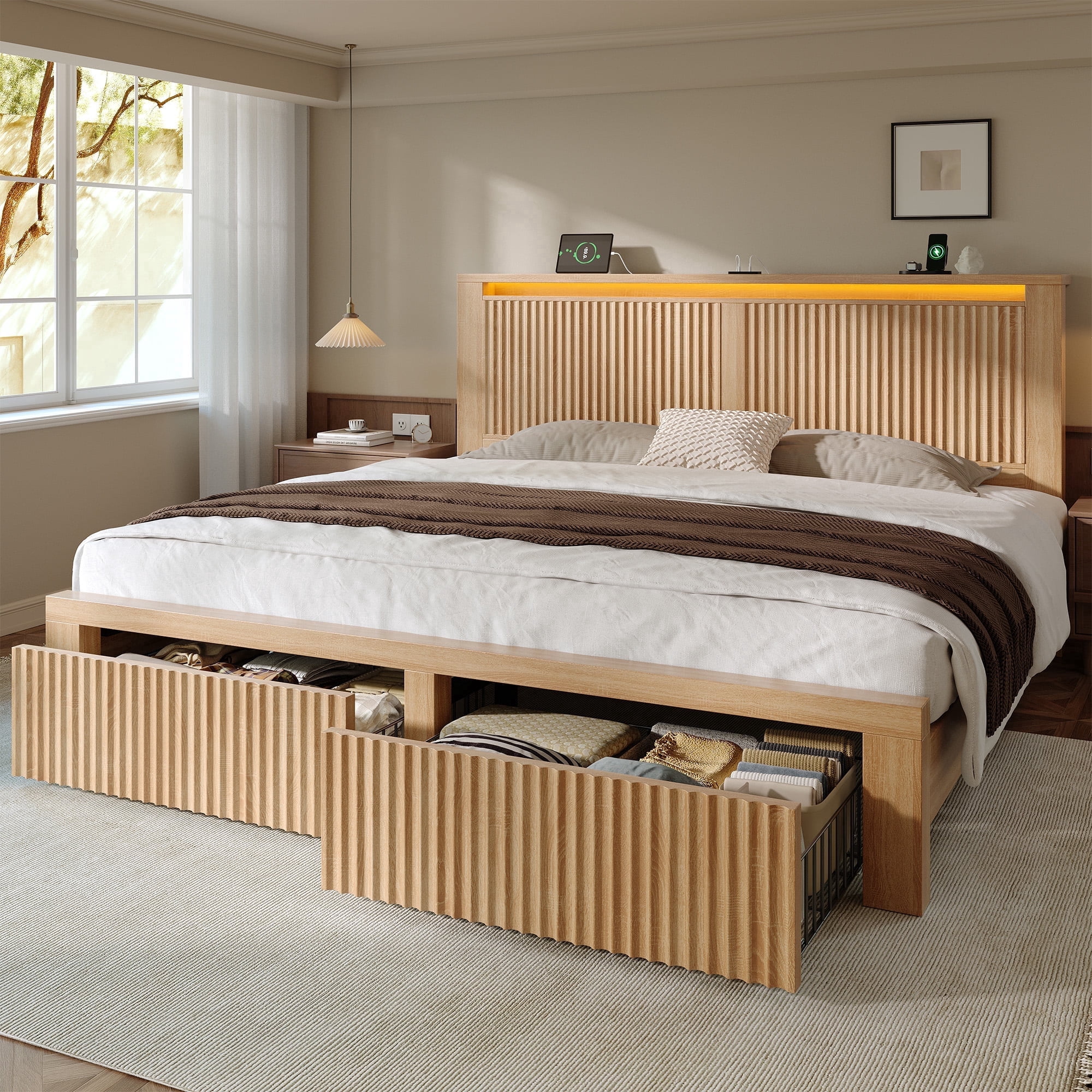 EnHomee Wood Bed Frame King with Headboard Bed Frame with Storage Shelf and Drawers Farmhouse Bed Frame with 2 Drawers & Charge Station & LED Light, Rustic Oak