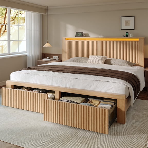EnHomee Wood Bed Frame King with Headboard Bed Frame with Storage Shelf and Drawers Farmhouse Bed Frame with 2 Drawers & Charge Station & LED Light, Rustic Oak