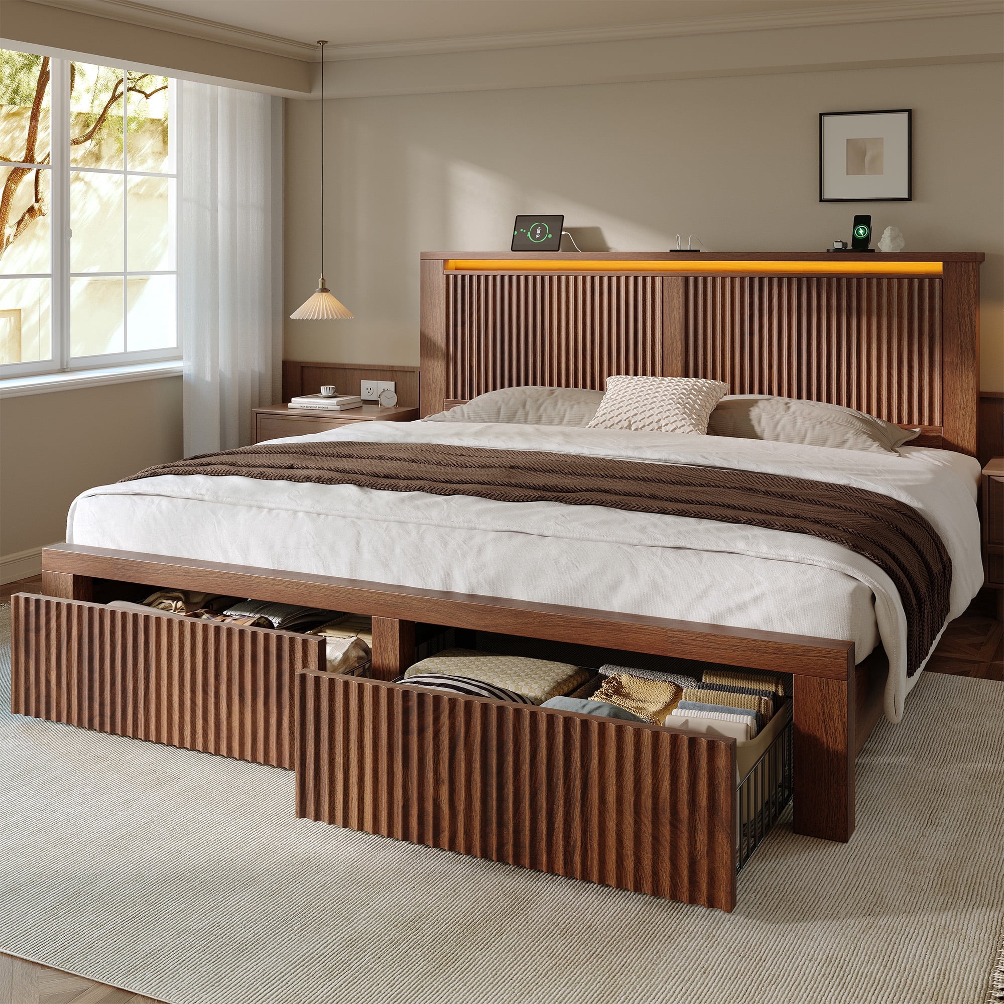 EnHomee Wood Bed Frame King with Headboard Bed Frame with Storage Shelf and Drawers Farmhouse Bed Frame with 2 Drawers & Charge Station & LED Light, Walnut