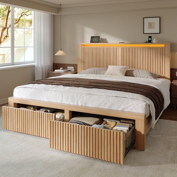 EnHomee Wood Bed Frame Queen with Headboard Bed Frame with Storage Shelf and Drawers Farmhouse Bed Frame with 2 Drawers & Charge Station & LED Light, Rustic Oak