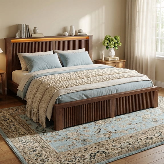 EnHomee Wood Bed Frame Queen with Headboard Bed Frame with Storage Shelf and Drawers Farmhouse Bed Frame with 2 Drawers & Charge Station & LED Light, Walnut