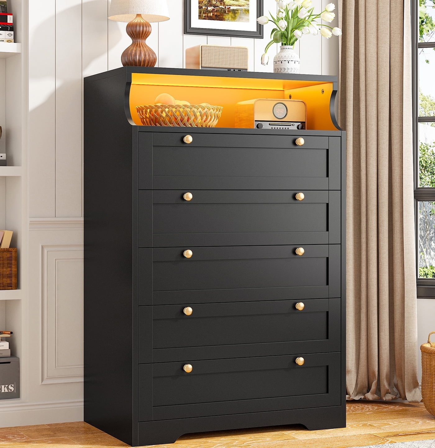 "EnHomee Black Dresser, Solid Wood, 5 Deep Drawers, 31.7""L x 48.6""H, LED Light & Open Shelf, Modern Storage Furniture"  (图1)