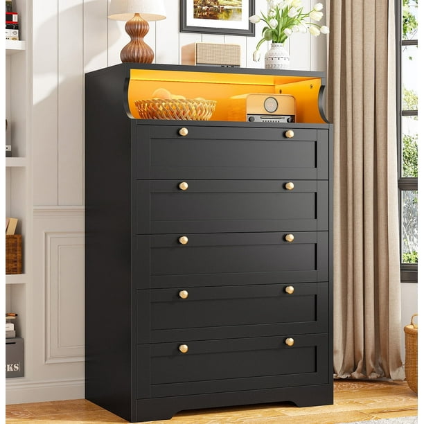 EnHomee Black Dresser Solid Wood 5 Deep Drawers 31.7 L x 48.6 H LED Light Open Shelf Modern Storage Furniture Walmart Business Supplies