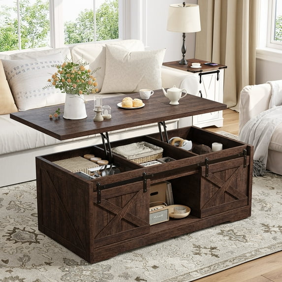 EnHomee Wood Coffee Table with Storage Farmhouse Coffee Table with 2 Cabinets and Open Cubby Coffee Table for Living Room Brown