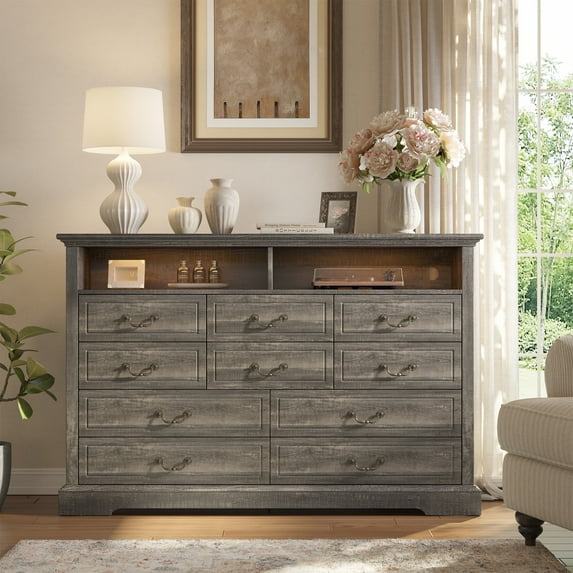 EnHomee Wood Dresser 10 Drawers Dressers for Bedroom with LED Lights and Power Outlets,Rustic Oak