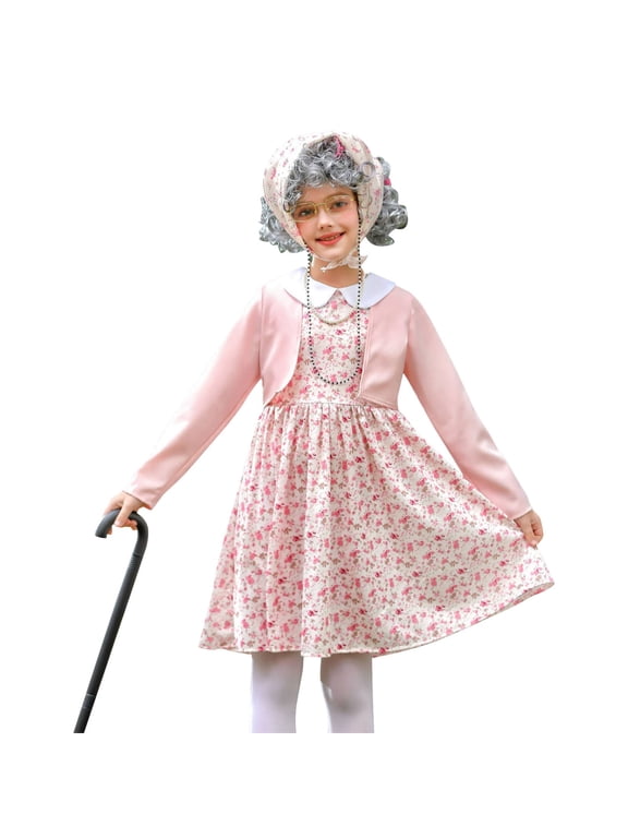 100th Day of School 𝖢ostume for Girls 3Pcs Old Lady Granny Dress Up Outfit Set with Glasses Shawl Purse Accessories Kids Celebration