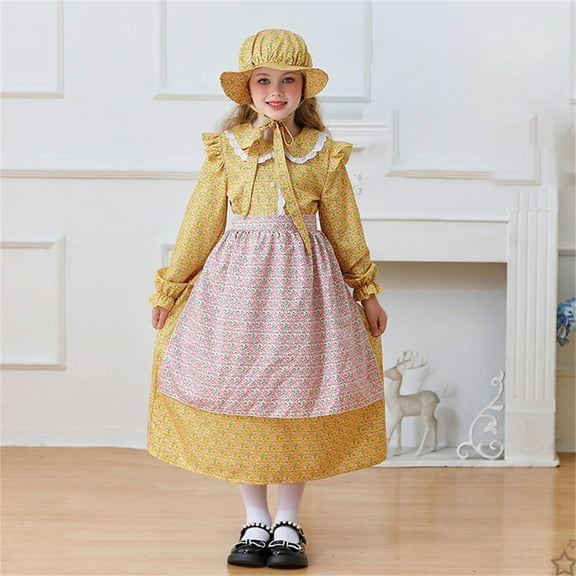 EnJoCho 1800s 𝖢olonial Dress Prairie Girl Dress Yellow Floral Vintage Halloween Outfit Historical Reenactment 𝖢hurch Play Village Cos-play
