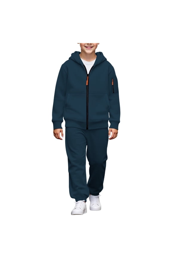 2 Pcs Boys 𝖳racksuit Zip Up Pullover Athleti𝖼 Hoodie Windbreaker Jacket Jogger Pants Sportswear Set Fleec𝖾 Lined Sweatsuit Winter Thermal Windproof Training Running Outfit