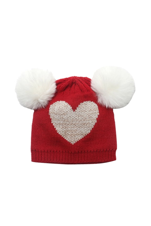 2025 New Baby Beanie Children's Knit Hat Woolen Hat Double Hairball Woolen Hat Girls Children Love Knit Hat Valentine's Day Children Love Knit Hat