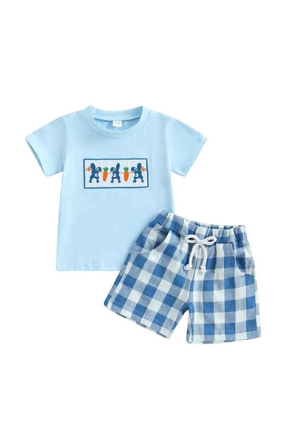 2Pcs Baby Boy Easter Outfits Short Sleeve Todder Easter Bunny Carrot Embroidery T-Shirt + Shorts Clothes Set Toddler Boys Summer Outfits