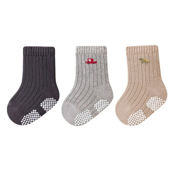 EnJoCho 3pcs Toddler Solid Color Vertical Striped Non Slip Polka Dot Bump Printing Floor Cartoon Mid Calf Socks Toddler Baby Kids Boys Girls Soft Cute Casual Socks School Home Indoor&Outdoor Wear
