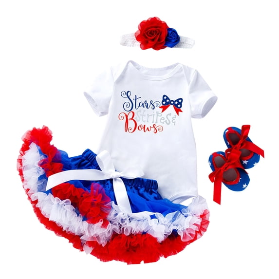EnJoCho 4th of July Baby Girl Birthday Outfit American Flag 𝖱omper+Ruffle Tulle Skirt+Headband+Shoes Independence Day 4pcs Set